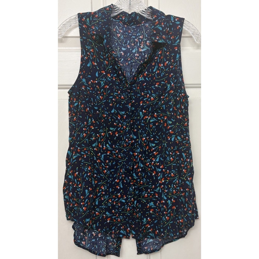 Floral Sleeveless Top Womens XS S Blue Rayon High Low Button Up light weight